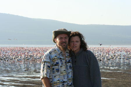 Paul and Jen with a massive flock of pelicans and flamingos on Lake Nakuru