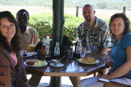 lunch at the Lake Nakuru Lodge with zebras, buffalo, and baboon behind us